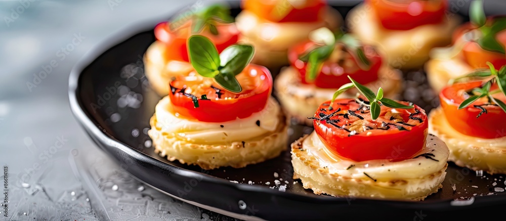 A black plate holds cheese canapes topped with tomato slices in a stylish presentation against a plain background, ideal as a copy space image. A black plate holds cheese canapes topped with tomato slices in a stylish presentation against a plain background, ideal as a copy space image.