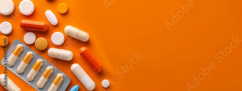 Various pills and pill packaging on an orange background photo