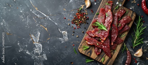 Thinly sliced beef tenderloin jerky, or basturma, adorned with dry rosemary, pepper mix, chili, and garlic, presented on a wooden board against a stone backdrop with copy space image, captured from photo