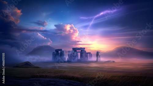 A glowing mist swirling around an ancient stone circle under a sky filled with supernatural light. List of Art Media by glowing mist Supernatural fantasy twist realistic photo