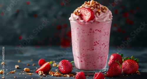 Creamy Strawberry Smoothie With Nut Topping and Fresh Strawberries