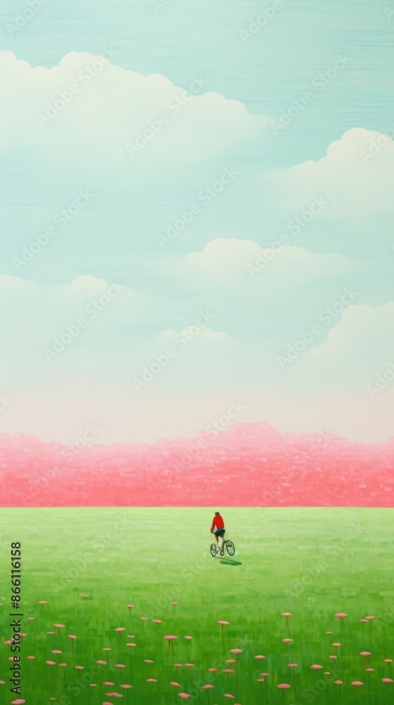 Fototapeta premium Girl bicycling nature field landscape.