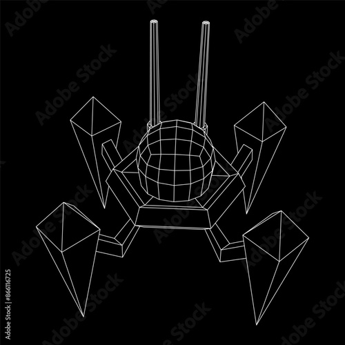 Spider robot with radar antenna. Nanobot, nanotechnology medical concept. Wireframe low poly mesh vector illustration