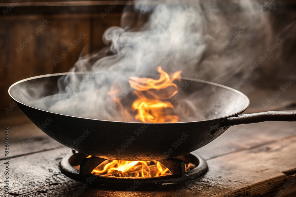 A well-worn carbon steel wok, blackened with use, sits on a cast iron burner. Flames lick the curved sides, hinting at the culinary adventures within. A well-worn carbon steel wok, blackened with use, sits on a cast iron burner. Flames lick the curved sides, hinting at the culinary adventures within.