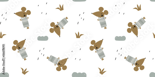 Cute mouse seamless pattern. animal cartoon character. flat vector illustration. Template for Notebook covers, pattern for wallpapers, textile or nature background. childish motifs. kids background.