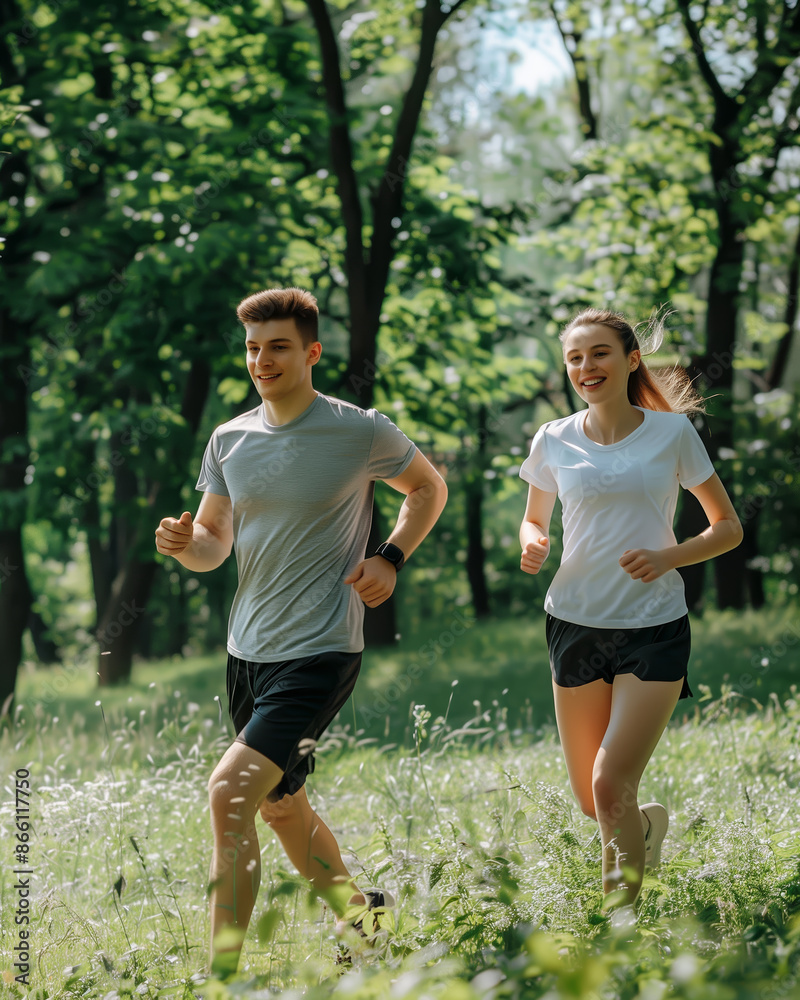 A young couple is doing fitness in the park. Jogging in the park in summer. A young couple is doing fitness in the park. Jogging in the park in summer.