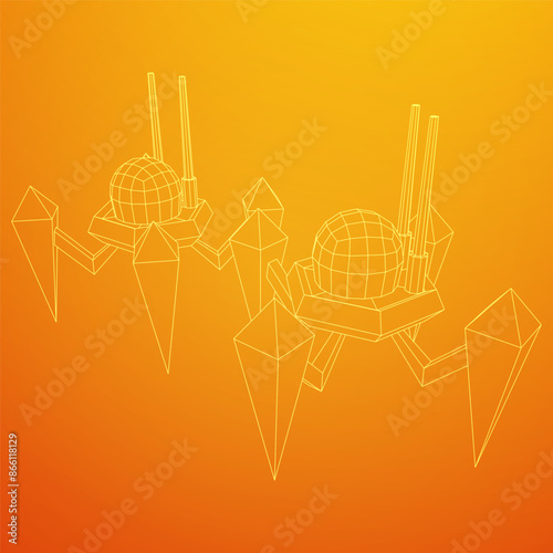 Spider robot with radar antenna. Nanobot, nanotechnology medical concept. Wireframe low poly mesh vector illustration