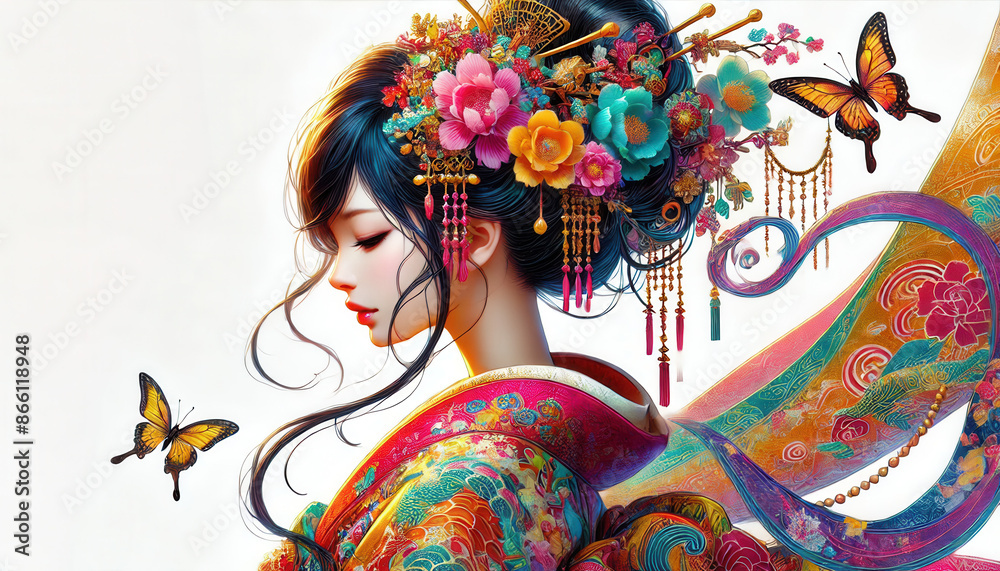 Fototapeta premium 着物 イラスト 日本画(Japanese painting)/美人画 美女 anime