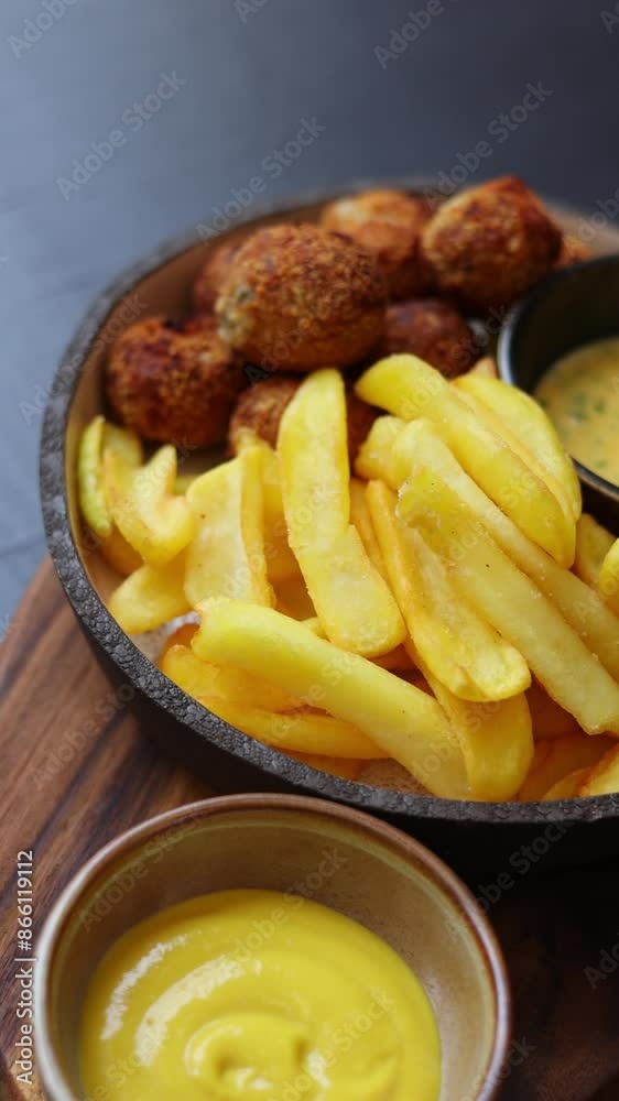 bitterballen and fried potatoes in plate with sauce dressing.man and woman drinking beer and eating traditional dutch meat-based snack in restaurant or pub.man pour beer in glass. bitterballen and fried potatoes in plate with sauce dressing.man and woman drinking beer and eating traditional dutch meat-based snack in restaurant or pub.man pour beer in glass.