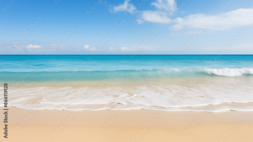 Serene Sandy Beach with Blue Ocean, Tranquil Seaside, Summer Vacation Scene with Copy Space Serene Sandy Beach with Blue Ocean, Tranquil Seaside, Summer Vacation Scene with Copy Space