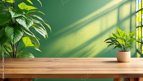 wood table green wall background with sunlight window create leaf shadow on wall with blur indoor green plant foreground.