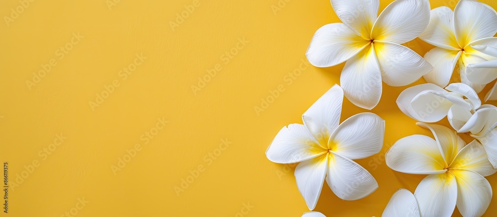 Fototapeta premium A flat lay of white plumeria blossoms against a yellow backdrop, showcasing a copy space image.