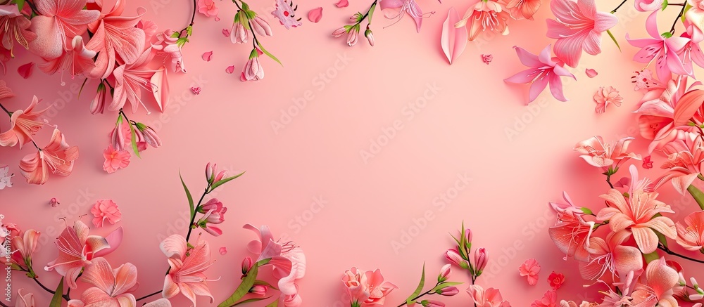 A pink background featuring spring flowers with a lot of space for adding text or other images (copy space image). A pink background featuring spring flowers with a lot of space for adding text or other images (copy space image).