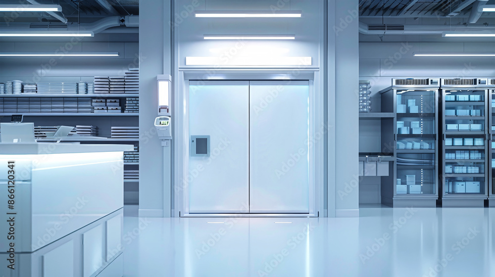 A view of a large, stainless steel, walk-in freezer door in an industrial food storage facility A view of a large, stainless steel, walk-in freezer door in an industrial food storage facility