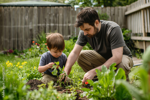Father and son are gardening, carefully planting seedlings in the fertile soil of their backyard vegetable garden