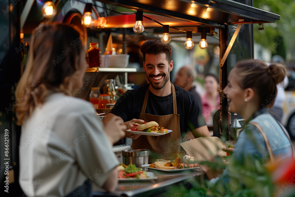 people ordering food at counter in food truck outdoor, day time people ordering food at counter in food truck outdoor, day time