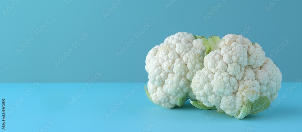A pair of white cauliflowers closely photographed against a light blue backdrop, featuring a vegetable-themed pastel background with room for text or images. image with copy space A pair of white cauliflowers closely photographed against a light blue backdrop, featuring a vegetable-themed pastel background with room for text or images. image with copy space