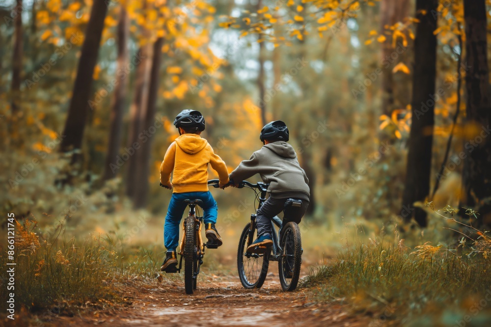 Fototapeta premium Two boys happily ride bikes in a colorful autumn forest, enjoying nature and childhood freedom. Brothers explore, laugh, and create fun memories in the great outdoors