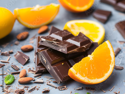 Pieces of dark dark chocolate with mint or orange. Neural network AI generated art