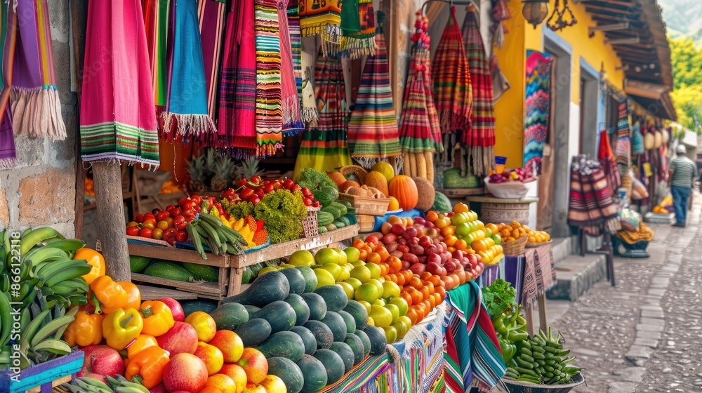 A vibrant market scene with fresh fruits, vegetables, and colorful textiles on display A vibrant market scene with fresh fruits, vegetables, and colorful textiles on display