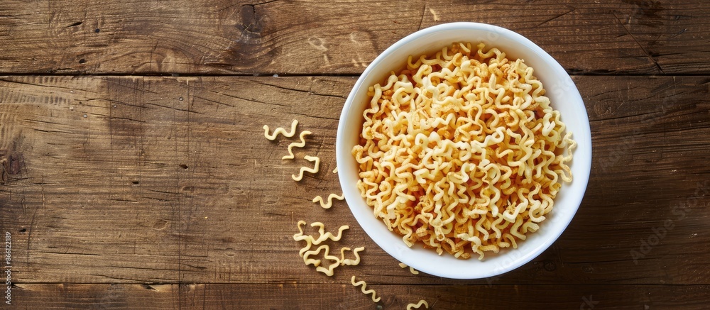 A white ceramic cup of crispy noodles sits on a wooden table from a top view, offering a copy space image. A white ceramic cup of crispy noodles sits on a wooden table from a top view, offering a copy space image.