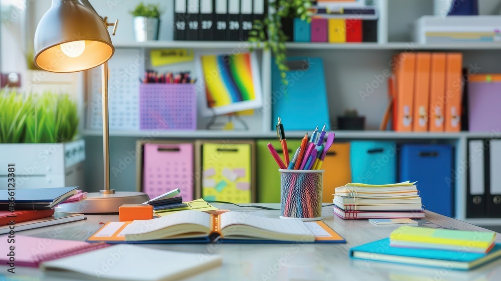 Tidy and bright study area with a color-coded calendar, organized notebooks, and a desk lamp Tidy and bright study area with a color-coded calendar, organized notebooks, and a desk lamp