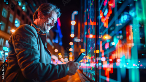 A man stands on a city street at night, looking at his phone and a large digital display filled with stock market data