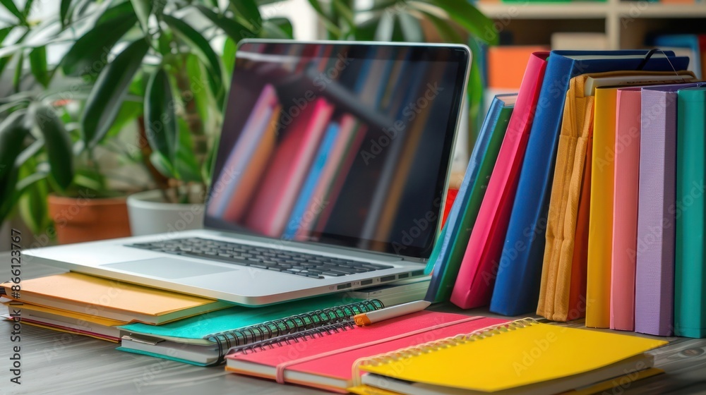 Tidy study area with a laptop, colorful notebooks, and plenty of space for text overlay Tidy study area with a laptop, colorful notebooks, and plenty of space for text overlay