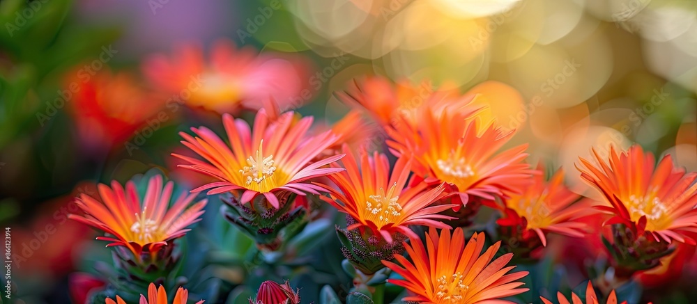 A beautiful macro photograph capturing a vibrant bouquet of red-orange delosperma flowers against a natural backdrop with copy space image. A beautiful macro photograph capturing a vibrant bouquet of red-orange delosperma flowers against a natural backdrop with copy space image.
