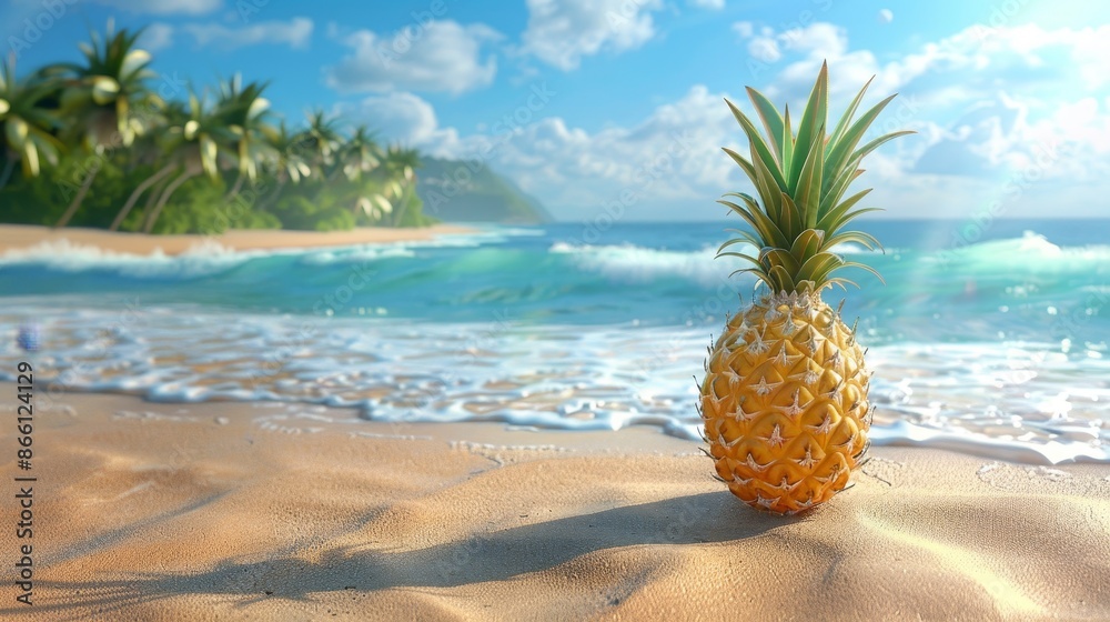Pineapple standing on pink sand at pink beach,blue sea and pink sand in summer vacation,selective focus.