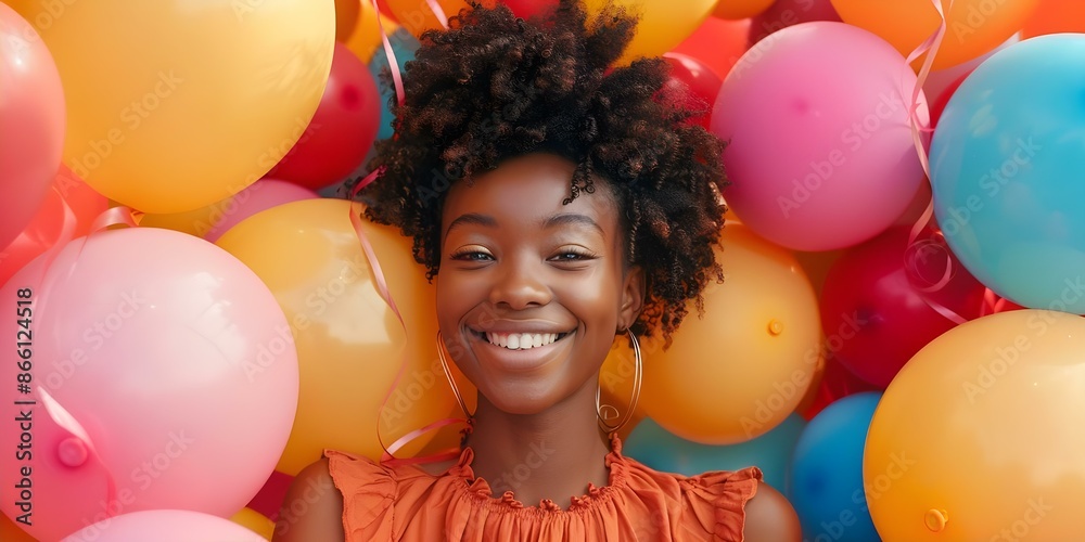 Obraz premium Black girl joy Celebrating surrounded by colorful balloons. Concept Black Girl Joy, Colorful Balloons, Celebration, Portraits, Fun Poses