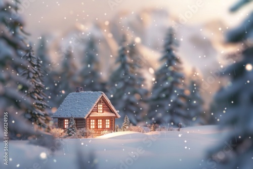 A cozy snow-covered cabin, with a softly blurred background of pine trees and a snowy landscape. 