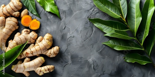 Turmeric and Ginger Roots with Green Leaves on a Simple Background. Concept Food Photography, Ingredient Still Life, Healing Herbs Display, Natural Wellness, Minimalist Composition photo