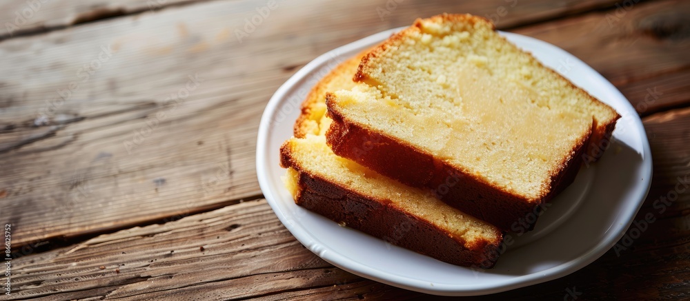 Delectable homemade pound or butter cake slices on a white plate, displayed on a rustic wooden table. Ideal for a bakery concept with ample copy space image. Delectable homemade pound or butter cake slices on a white plate, displayed on a rustic wooden table. Ideal for a bakery concept with ample copy space image.