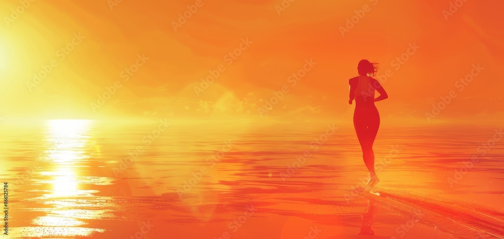Silhouette of a person jogging on a beach at sunset, with a stunning orange sky and reflective water enhancing the serene atmosphere. Silhouette of a person jogging on a beach at sunset, with a stunning orange sky and reflective water enhancing the serene atmosphere.