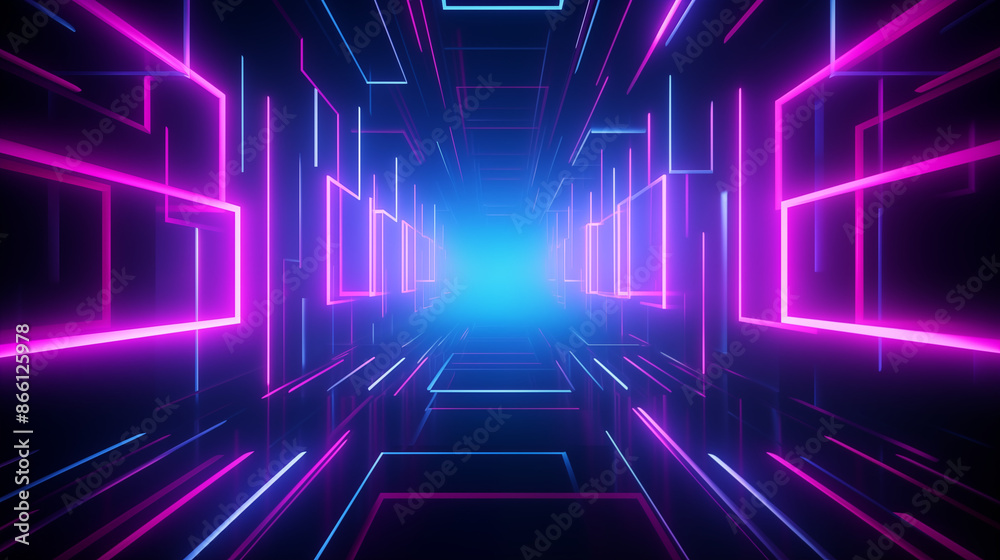 Futuristic Neon Light Tunnel, Pink and Blue, Cyberpunk Glow with Copy Space Futuristic Neon Light Tunnel, Pink and Blue, Cyberpunk Glow with Copy Space