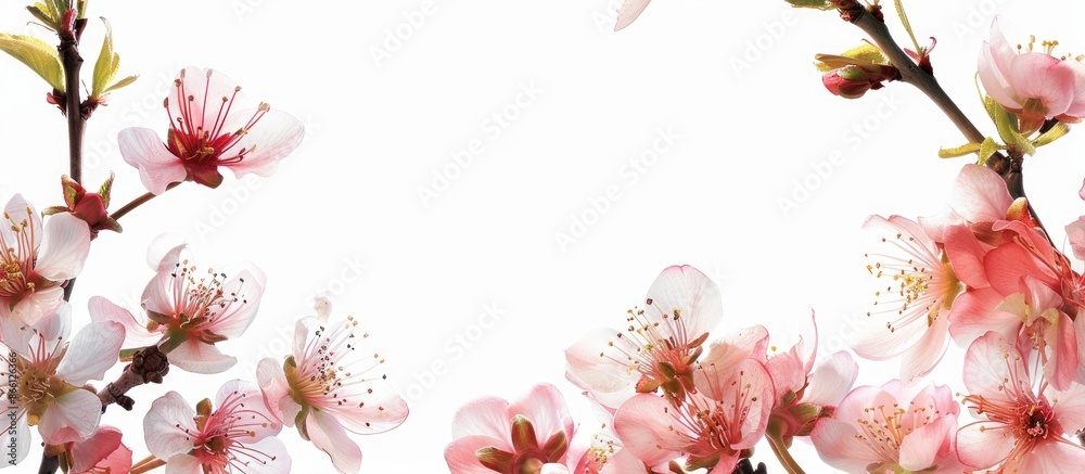 Fototapeta premium Close-up of peach blossoms with a white background showcasing copy space image overhead.