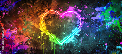A glowing neon rainbow heart shines brightly against a dark backdrop of vibrant paint splatters © Anoo