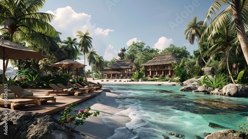 Fototapeta Naklejka Na Ścianę i Meble -  Tranquil beach resort nestled in a picturesque landscape, offering a serene summer escape.