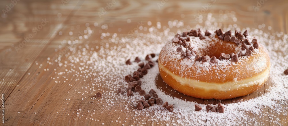Donut with sugary frosting and chocolate bits on top, against a background with empty space for text or graphics to be added. image with copy space Donut with sugary frosting and chocolate bits on top, against a background with empty space for text or graphics to be added. image with copy space