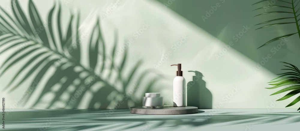 Subtle presentation of a beauty product against a premium backdrop featuring tropical palm leaf shadows on a soft green wall and gray table. Subtle presentation of a beauty product against a premium backdrop featuring tropical palm leaf shadows on a soft green wall and gray table.