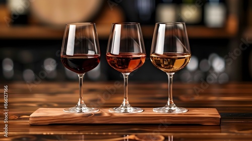 Wine Flight with Three Labeled Glasses on Tasting Board in Rustic Setting