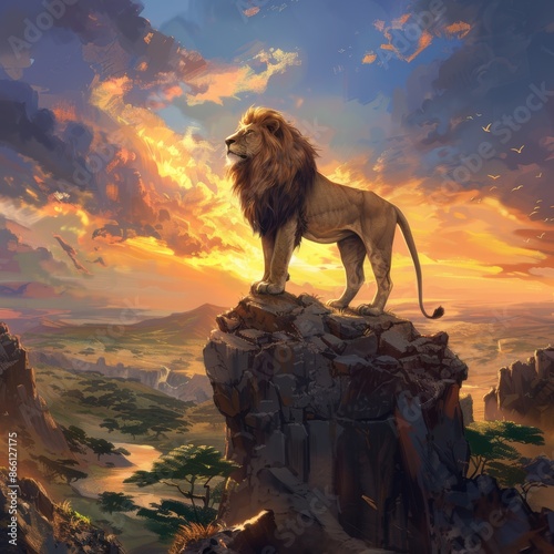 Majestic lion standing on a rock overlooking a vibrant landscape during a stunning sunset in the savanna.