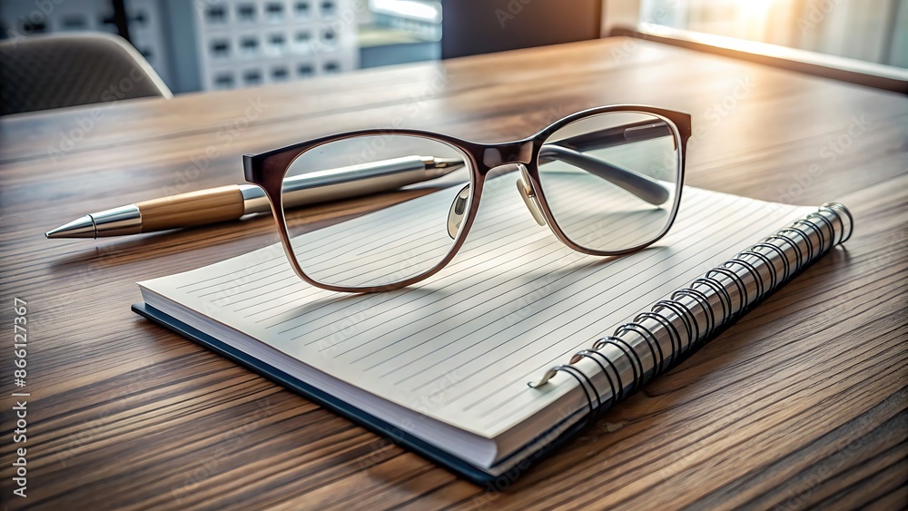 A pair of glasses rest on a desk next to a closed notepad with a pen clipped to the side.
