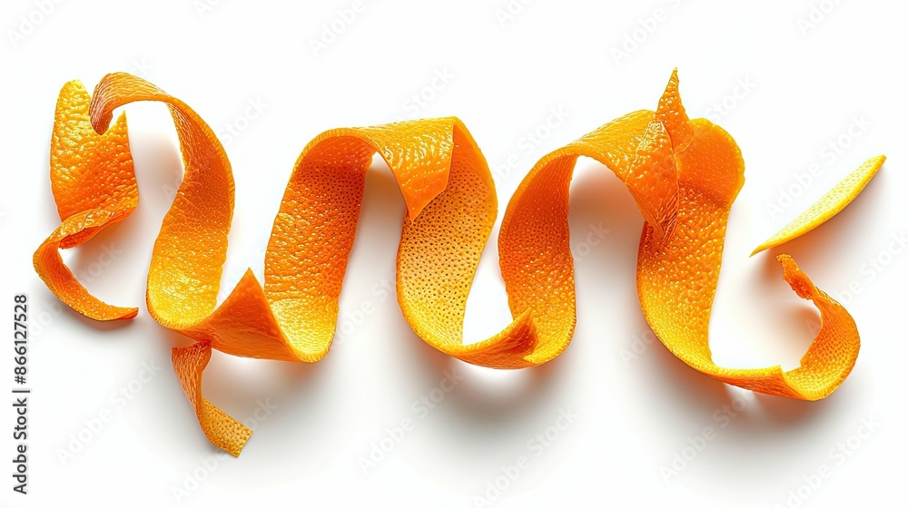 Freshly twisted orange peel segments, isolated on a bright white backdrop Freshly twisted orange peel segments, isolated on a bright white backdrop