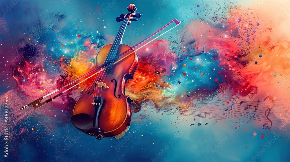 Fototapeta premium Colorful violin painting with colorful paint powder explosion background. The painting conveys a sense of creativity and artistic expression