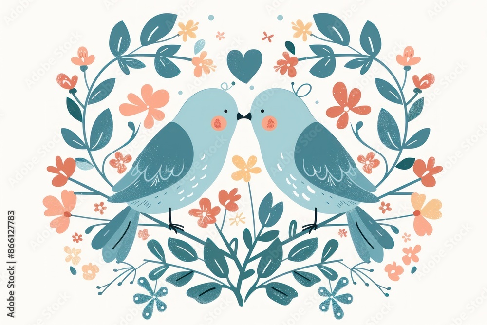Two Cute Birds Sharing a Tender Moment on a Floral Branch, Perfect for Valentine's Day - Generative ai Two Cute Birds Sharing a Tender Moment on a Floral Branch, Perfect for Valentine's Day - Generative ai