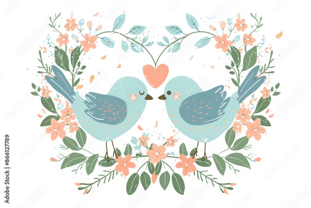 Two Cute Birds Sharing a Tender Moment on a Floral Branch, Perfect for Valentine's Day - Generative ai Two Cute Birds Sharing a Tender Moment on a Floral Branch, Perfect for Valentine's Day - Generative ai