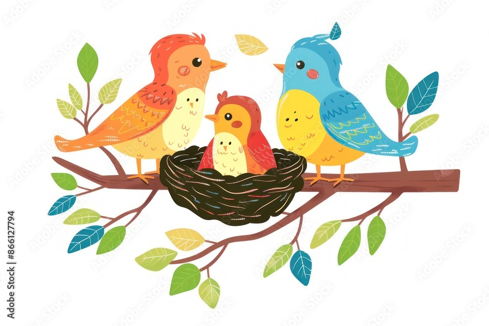 Family of Colorful Birds Nesting Together on a Blossoming Branch - Generative AI Family of Colorful Birds Nesting Together on a Blossoming Branch - Generative AI