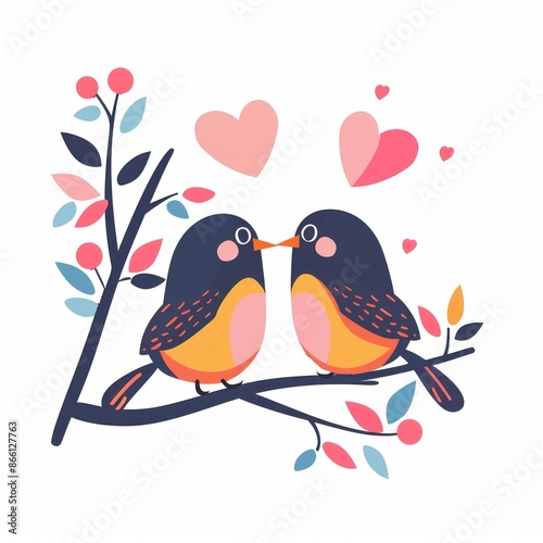 Two Cute Birds Sharing a Tender Moment on a Floral Branch, Perfect for Valentine's Day - Generative ai